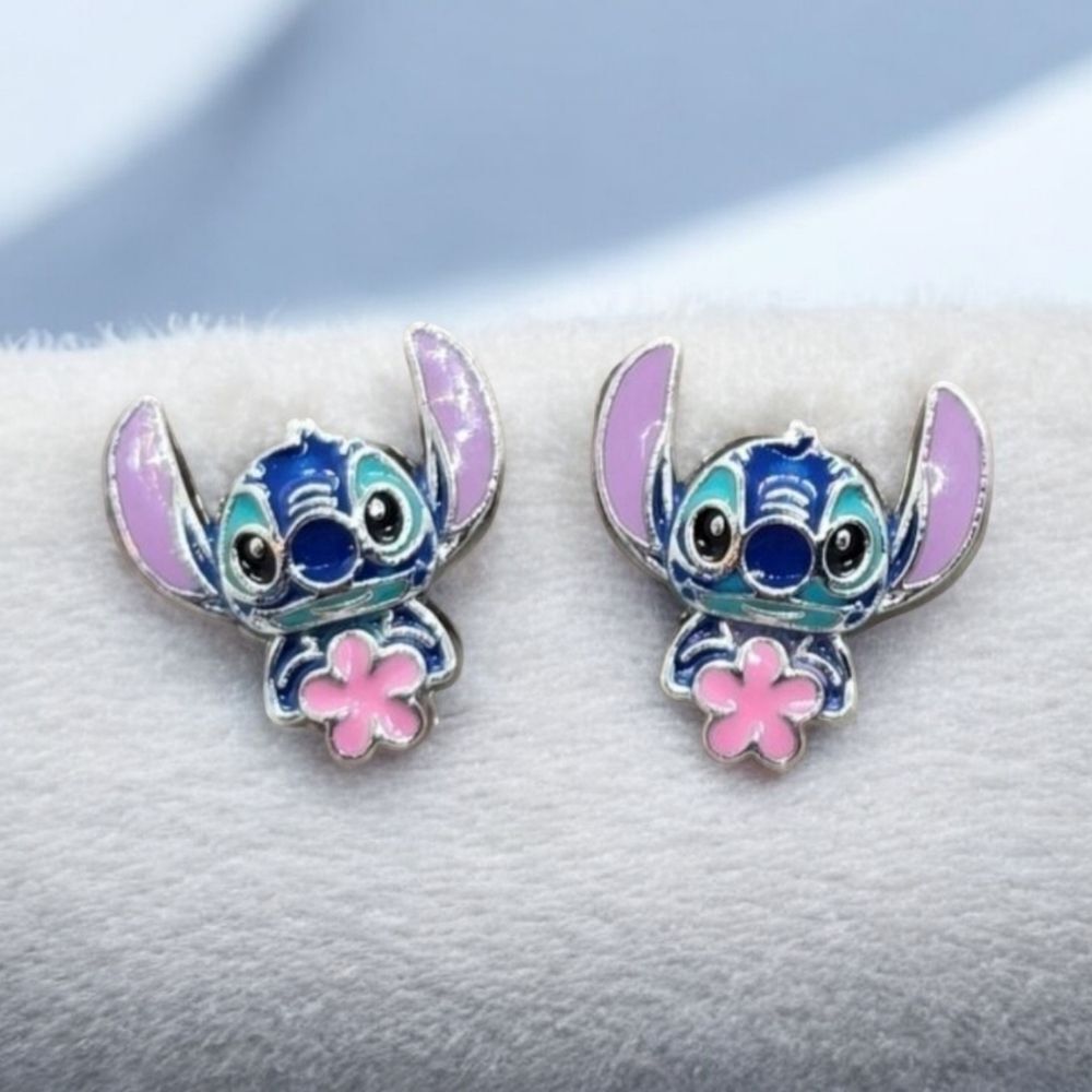 Stitch Flower Stud Earrings Disney Lilo & Stitch Tropical Silver Post Cute Gift - Picture 3 of 6